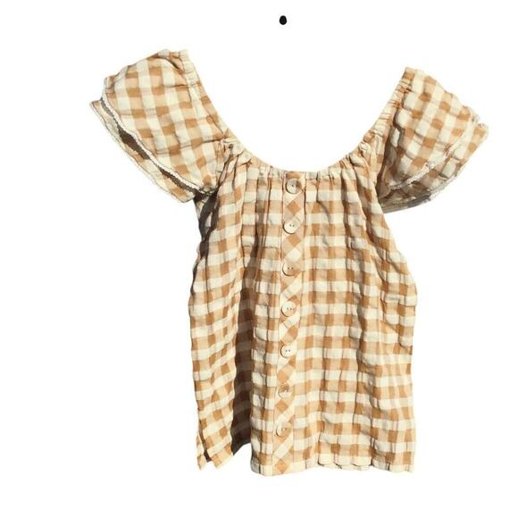 Matilda Jane Womens Peasant Top Size XS Plaid Tan Gingham Fall Preppy Blouse - Picture 2 of 13